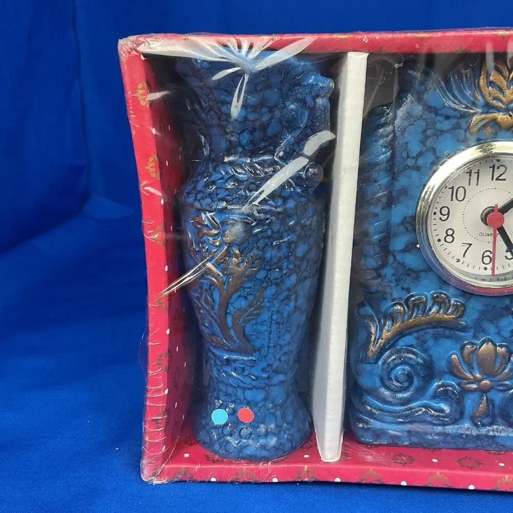 Vintage Blue Faux Marble Quartz Mantel Clock Matching Vases 3pc Gift Set New